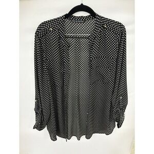 Zac & Rachel Blouse Large Black White Polka Dot Sheer Roll Sleeve Button
